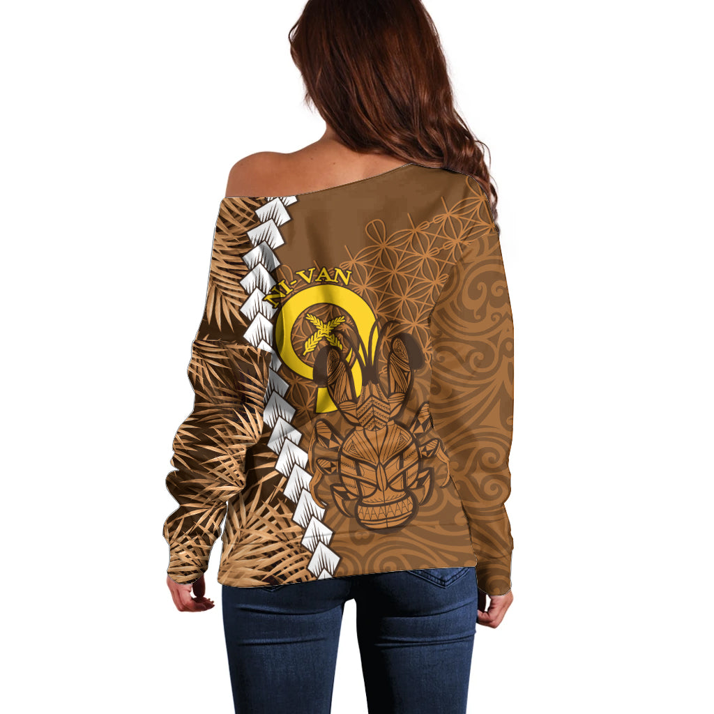 Vanuatu Coconut Crab Off Shoulder Sweater Ni-Van Tropical Leaves With Sand Drawing Art LT14 - Polynesian Pride