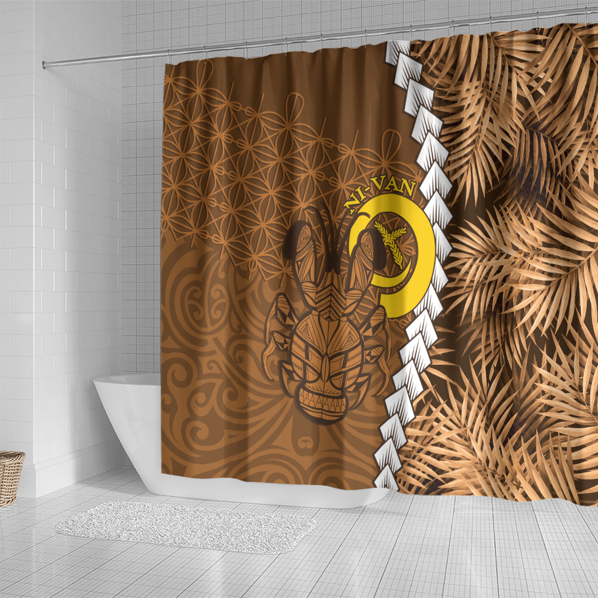 Vanuatu Coconut Crab Shower Curtain Ni-Van Tropical Leaves With Sand Drawing Art LT14 - Polynesian Pride