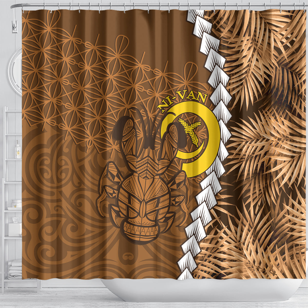 Vanuatu Coconut Crab Shower Curtain Ni-Van Tropical Leaves With Sand Drawing Art LT14 - Polynesian Pride