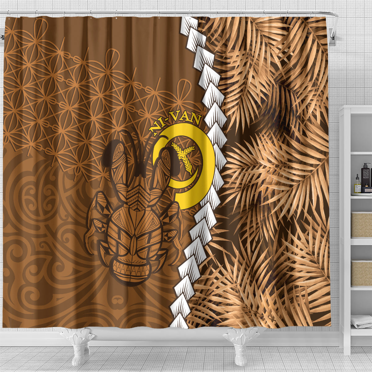 Vanuatu Coconut Crab Shower Curtain Ni-Van Tropical Leaves With Sand Drawing Art LT14 - Polynesian Pride