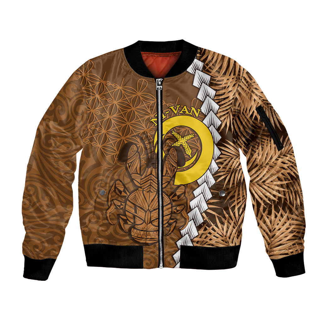 Vanuatu Coconut Crab Sleeve Zip Bomber Jacket Ni-Van Tropical Leaves With Sand Drawing Art LT14 Unisex Brown - Polynesian Pride