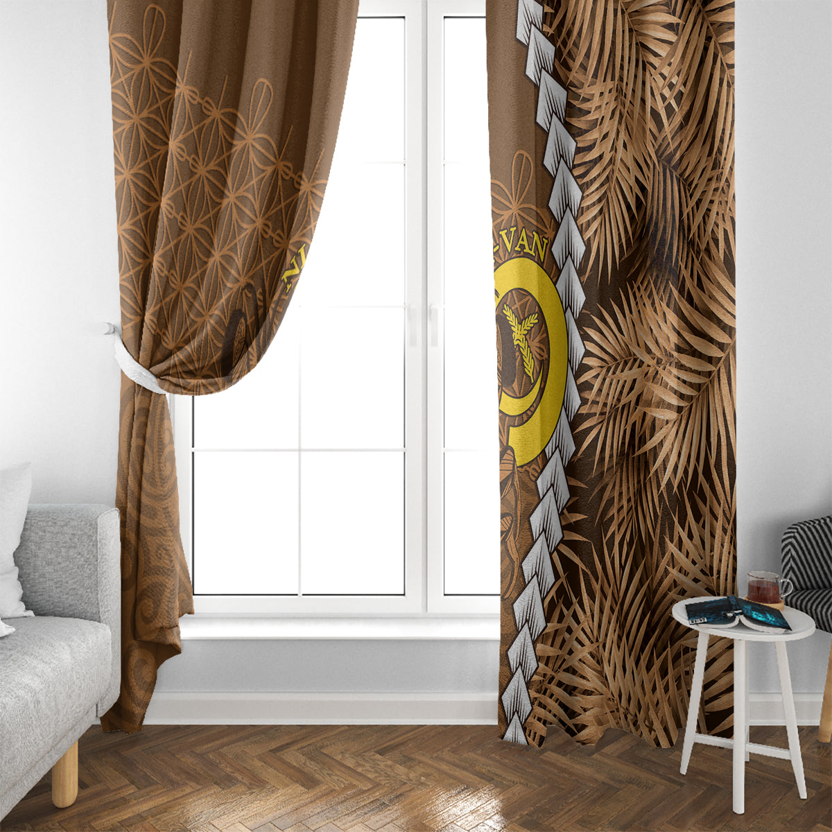 Vanuatu Coconut Crab Window Curtain Ni-Van Tropical Leaves With Sand Drawing Art LT14 - Polynesian Pride