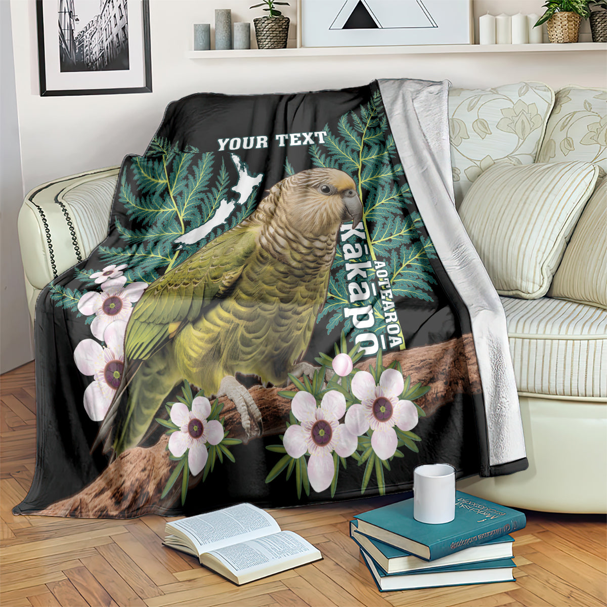 Personalised New Zealand Kakapo Blanket Aotearoa Fern With Manuka LT14 Black - Polynesian Pride