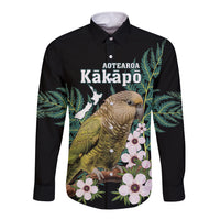 Personalised New Zealand Kakapo Long Sleeve Button Shirt Aotearoa Fern With Manuka LT14 Unisex Black - Polynesian Pride