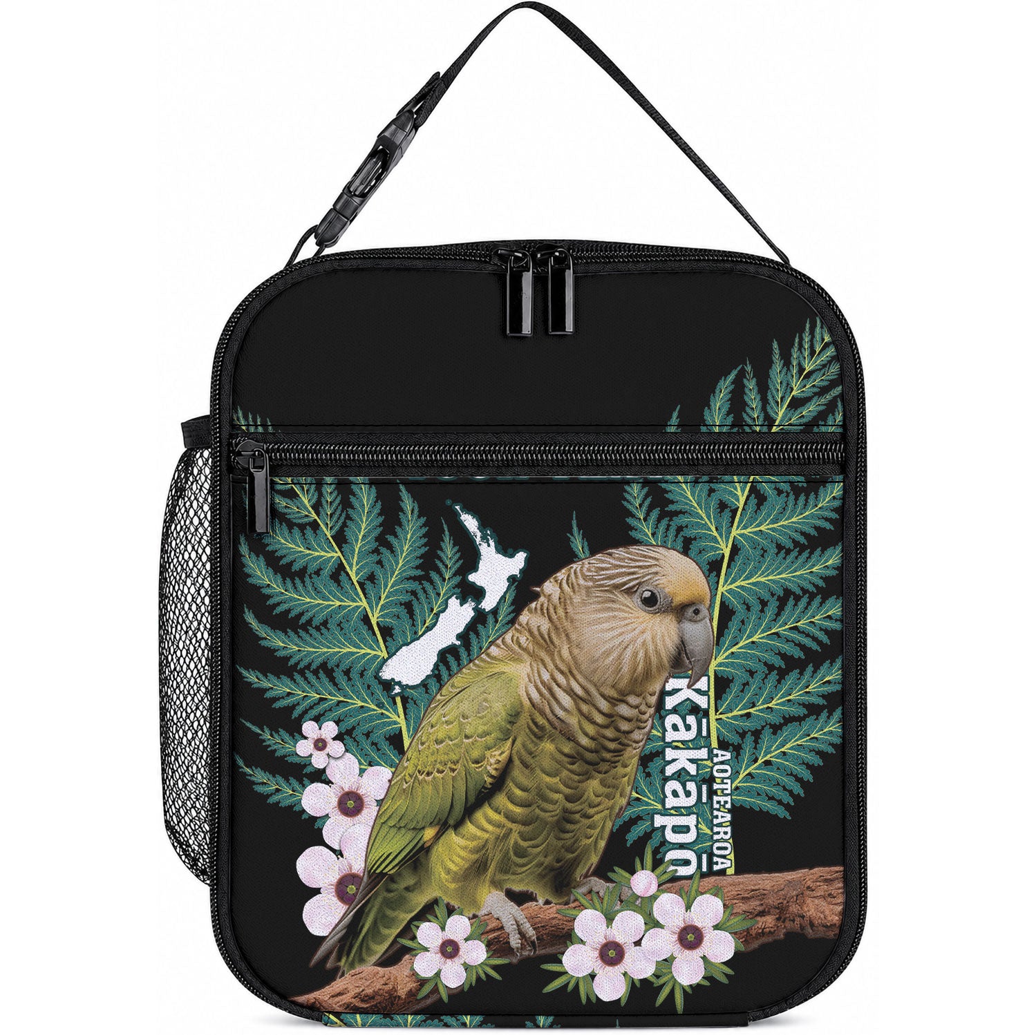 Personalised New Zealand Kakapo Lunch Bag Aotearoa Fern With Manuka LT14 10.2 × 8.3 × 4.3 inch Black - Polynesian Pride