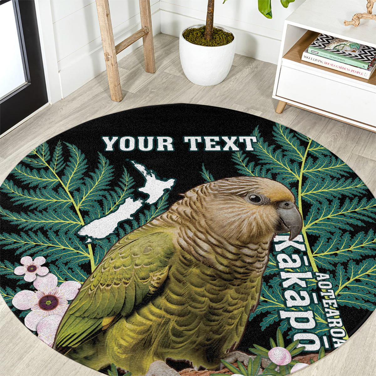 Personalised New Zealand Kakapo Round Carpet Aotearoa Fern With Manuka LT14 Black - Polynesian Pride