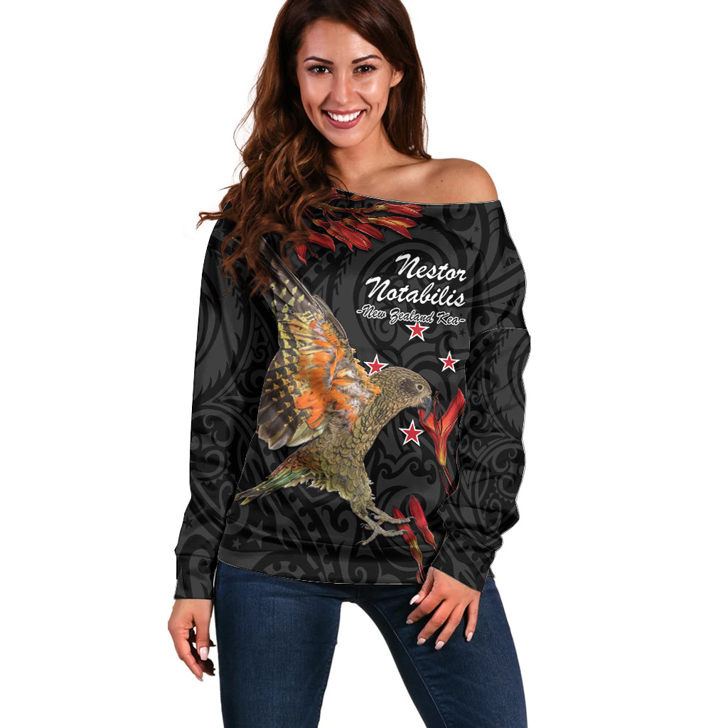 Personalised New Zealand Kea Off Shoulder Sweater Nestor Notabilis With Harakeke Maori Pattern LT14 Women Black - Polynesian Pride