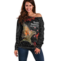 Personalised New Zealand Kea Off Shoulder Sweater Nestor Notabilis With Harakeke Maori Pattern LT14 Women Black - Polynesian Pride