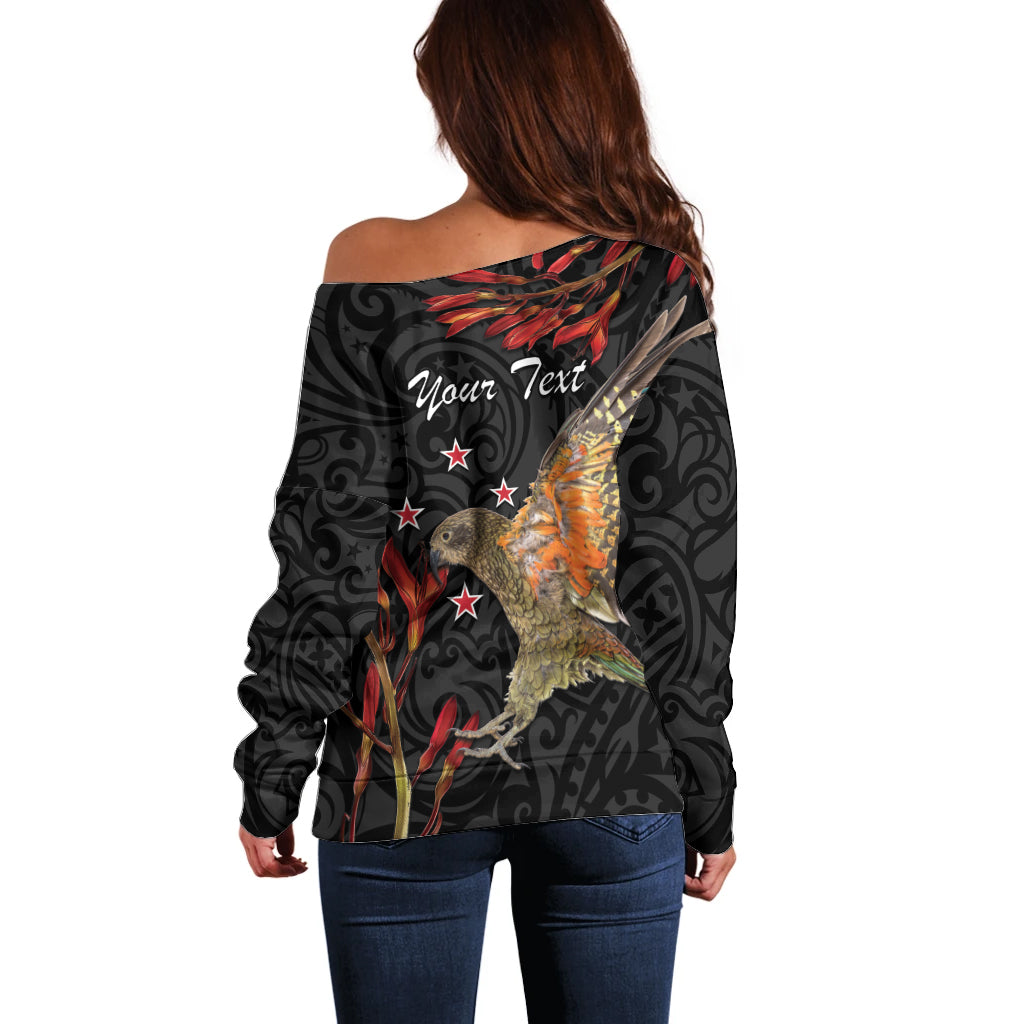 Personalised New Zealand Kea Off Shoulder Sweater Nestor Notabilis With Harakeke Maori Pattern LT14 - Polynesian Pride