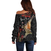 Personalised New Zealand Kea Off Shoulder Sweater Nestor Notabilis With Harakeke Maori Pattern LT14 - Polynesian Pride
