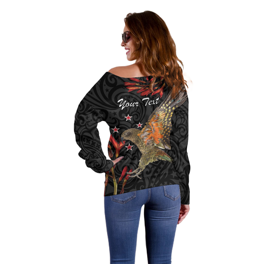 Personalised New Zealand Kea Off Shoulder Sweater Nestor Notabilis With Harakeke Maori Pattern LT14 - Polynesian Pride