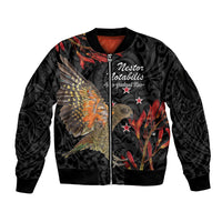 Personalised New Zealand Kea Sleeve Zip Bomber Jacket Nestor Notabilis With Harakeke Maori Pattern LT14 Unisex Black - Polynesian Pride
