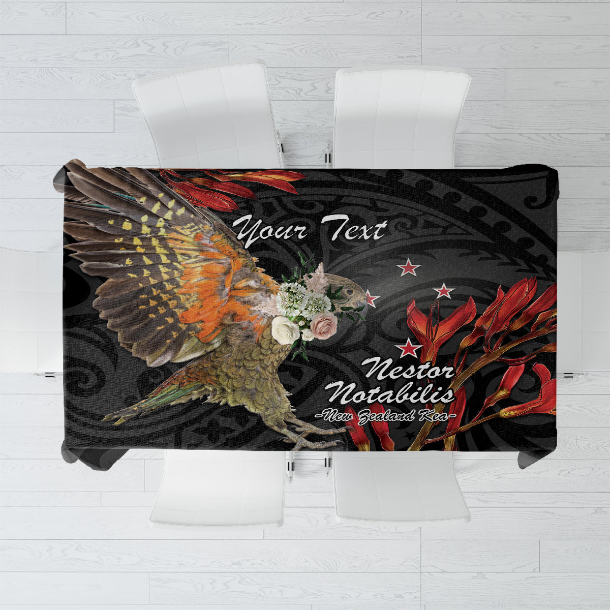 Personalised New Zealand Kea Tablecloth Nestor Notabilis With Harakeke Maori Pattern LT14 Black - Polynesian Pride
