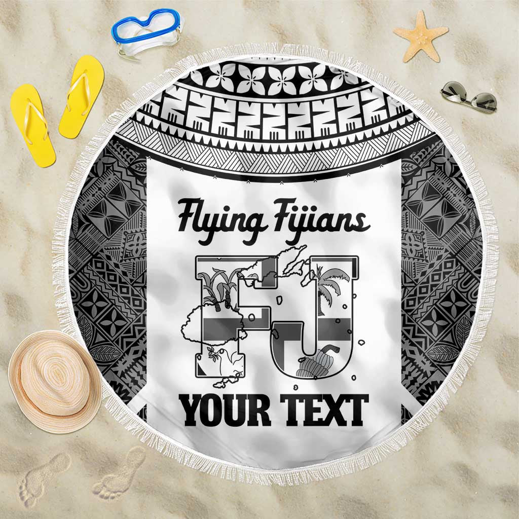 Custom Fiji Tapa Rugby Beach Blanket Flying Fijian Black And White Version LT14 One Size 150cm Black - Polynesian Pride