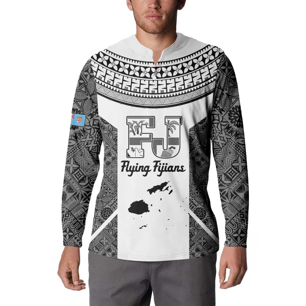 Custom Fiji Tapa Rugby Button Sweatshirt Flying Fijian Black And White Version LT14 - Polynesian Pride
