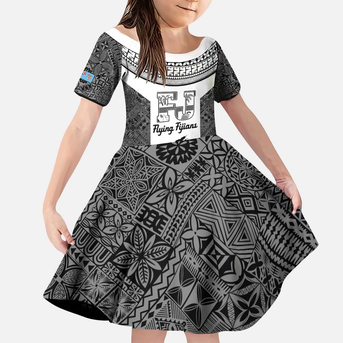 Custom Fiji Tapa Rugby Kid Short Sleeve Dress Flying Fijian Black And White Version LT14 KID Black - Polynesian Pride