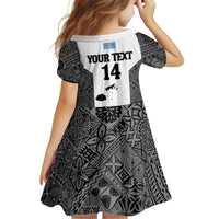 Custom Fiji Tapa Rugby Kid Short Sleeve Dress Flying Fijian Black And White Version LT14 - Polynesian Pride