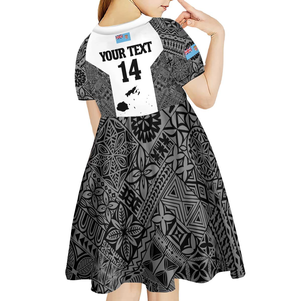 Custom Fiji Tapa Rugby Kid Short Sleeve Dress Flying Fijian Black And White Version LT14 - Polynesian Pride