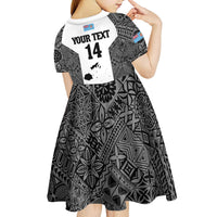 Custom Fiji Tapa Rugby Kid Short Sleeve Dress Flying Fijian Black And White Version LT14 - Polynesian Pride