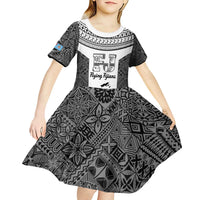 Custom Fiji Tapa Rugby Kid Short Sleeve Dress Flying Fijian Black And White Version LT14 - Polynesian Pride