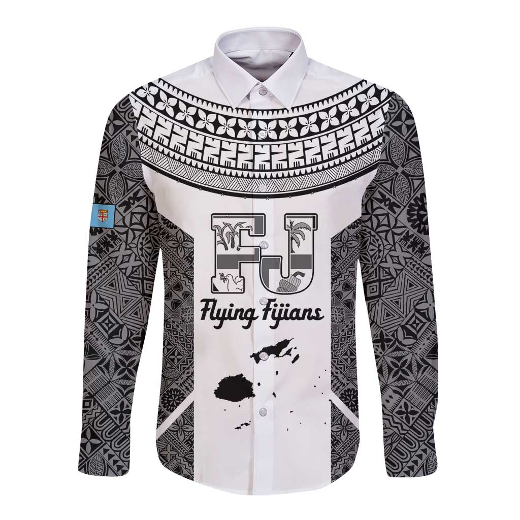 Custom Fiji Tapa Rugby Long Sleeve Button Shirt Flying Fijian Black And White Version LT14 Unisex Black - Polynesian Pride