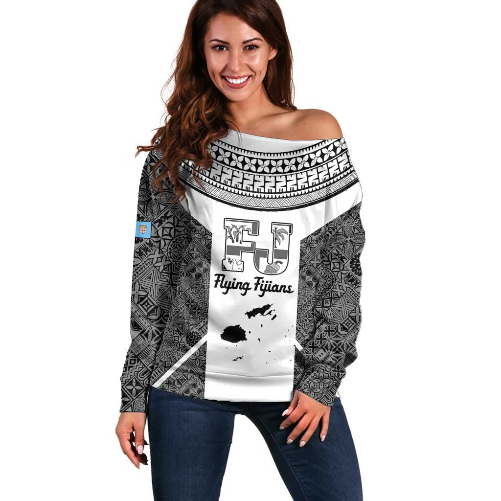 Custom Fiji Tapa Rugby Off Shoulder Sweater Flying Fijian Black And White Version LT14 Women Black - Polynesian Pride