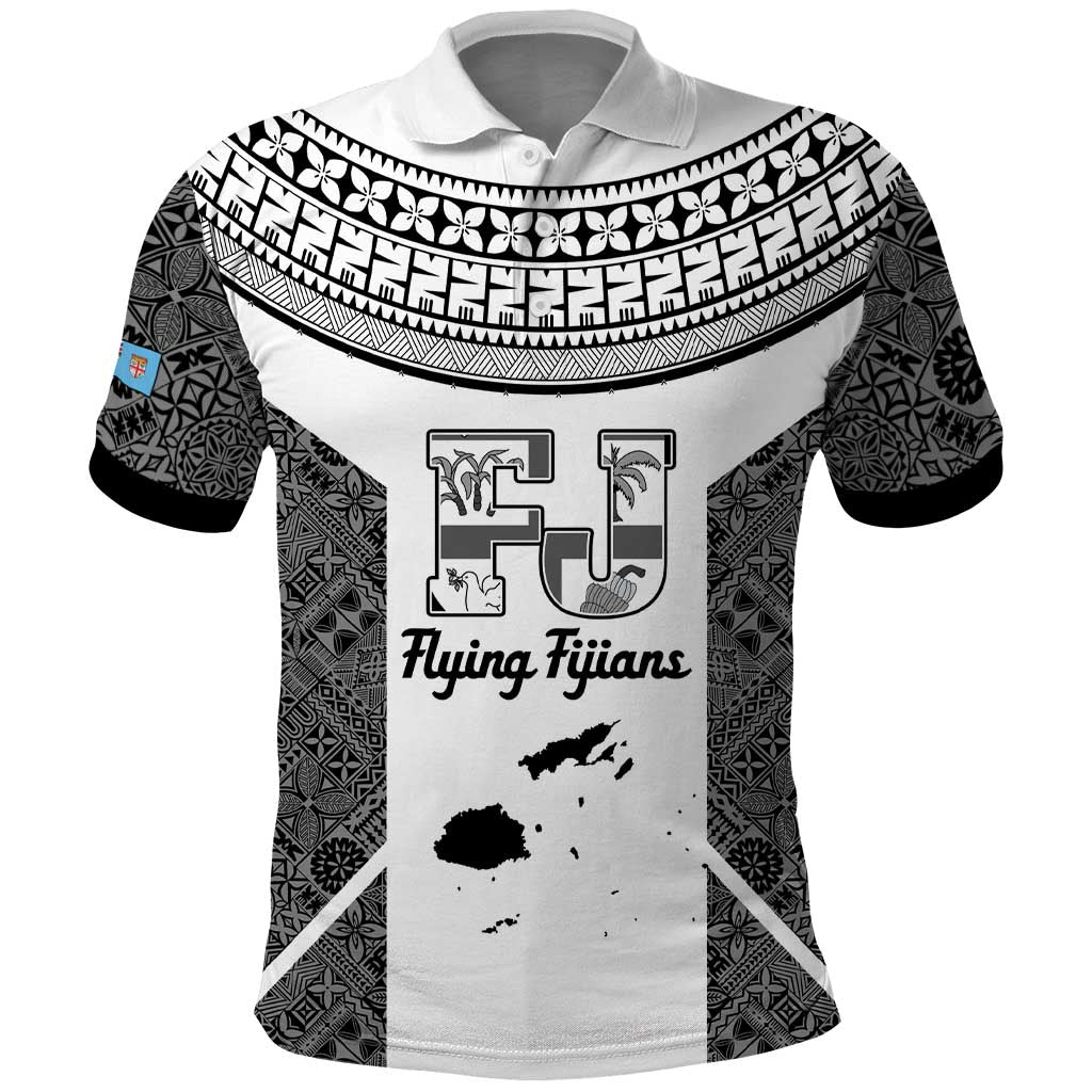 Custom Fiji Tapa Rugby Polo Shirt Flying Fijian Black And White Version LT14 Black - Polynesian Pride