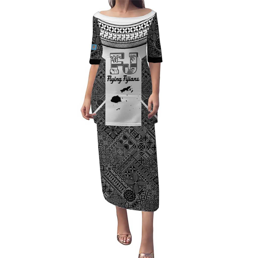 Custom Fiji Tapa Rugby Puletasi Flying Fijian Black And White Version LT14 Long Dress Black - Polynesian Pride