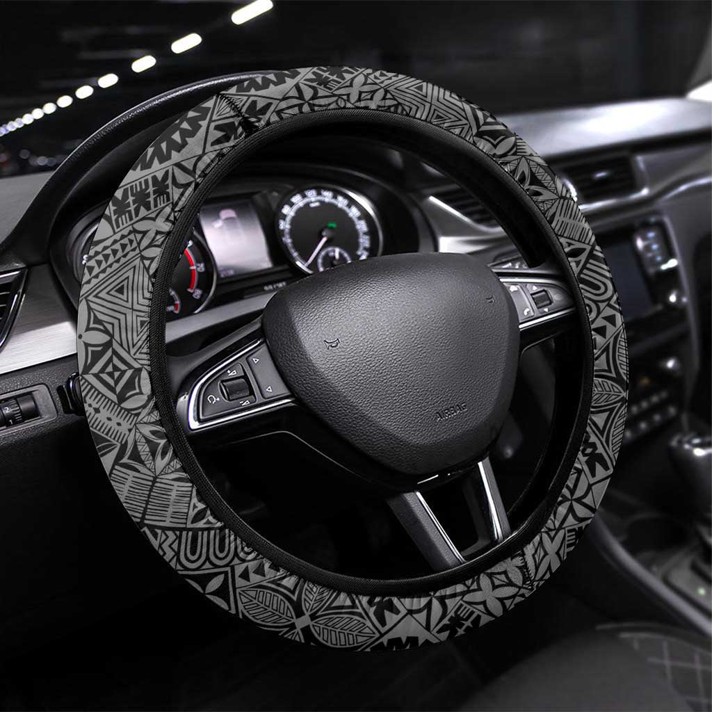 Fiji Tapa Rugby Steering Wheel Cover Flying Fijian Black And White Version LT14 Universal Fit Black - Polynesian Pride