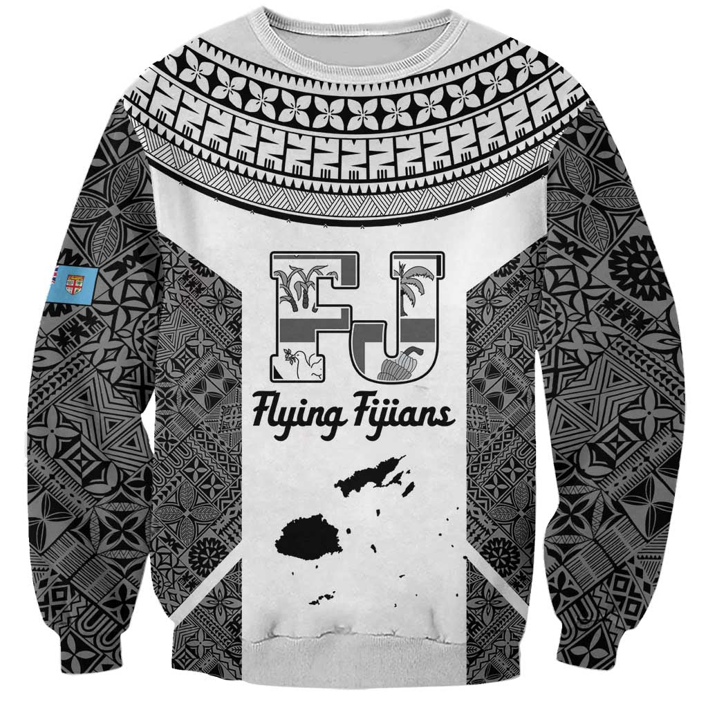Custom Fiji Tapa Rugby Sweatshirt Flying Fijian Black And White Version LT14 Unisex Black - Polynesian Pride