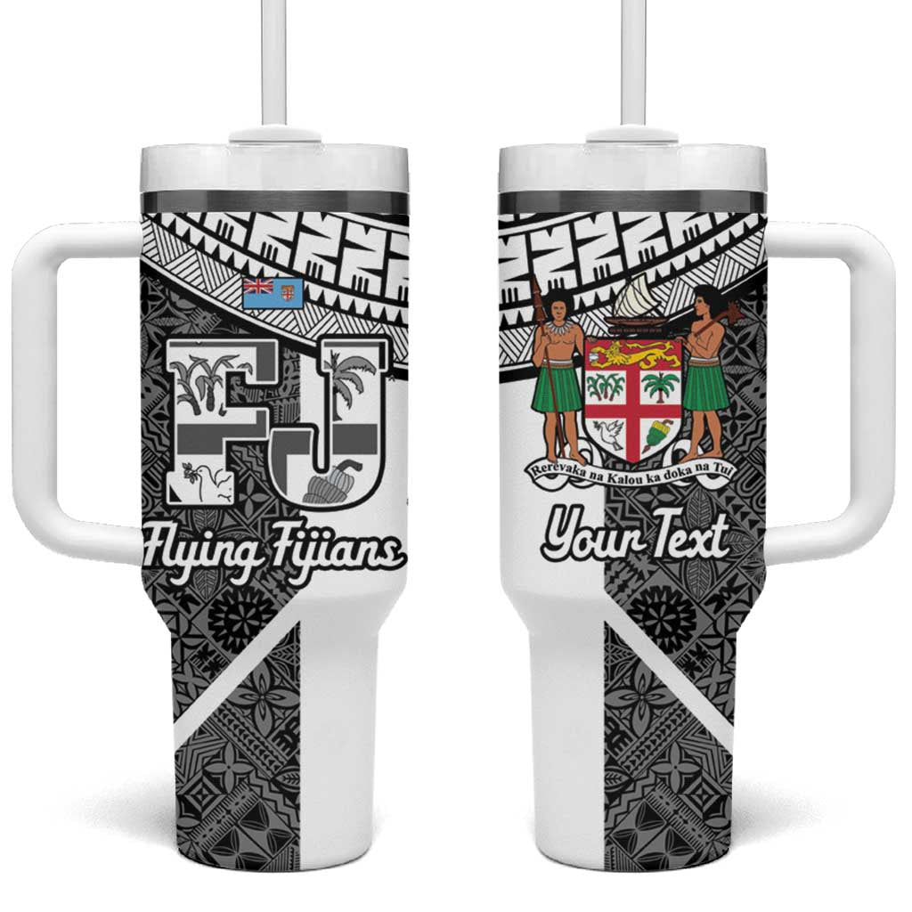 Custom Fiji Tapa Rugby Tumbler With Handle Flying Fijian Black And White Version LT14 One Size: 40 oz Black - Polynesian Pride