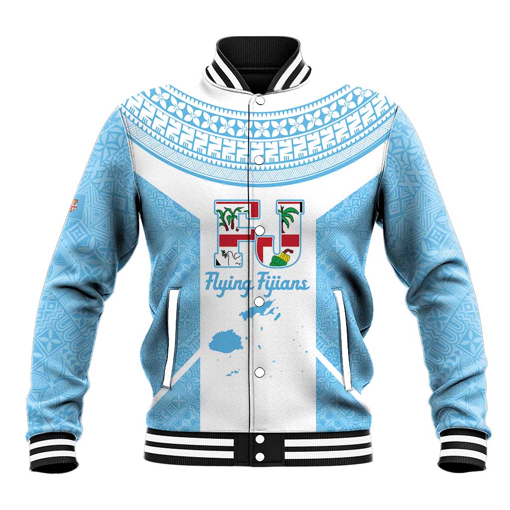 Custom Fiji Tapa Rugby Baseball Jacket Flying Fijian Blue And White Version LT14 Unisex Blue - Polynesian Pride