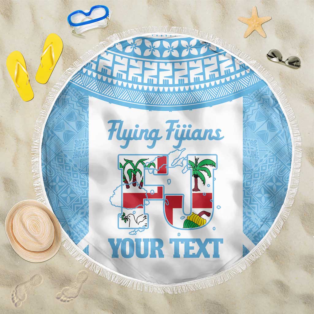 Custom Fiji Tapa Rugby Beach Blanket Flying Fijian Blue And White Version LT14 One Size 150cm Blue - Polynesian Pride