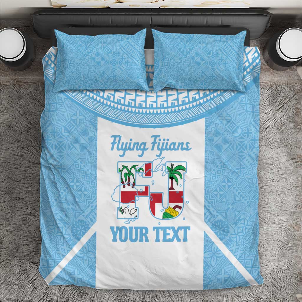 Custom Fiji Tapa Rugby Bedding Set Flying Fijian Blue And White Version LT14 Blue - Polynesian Pride