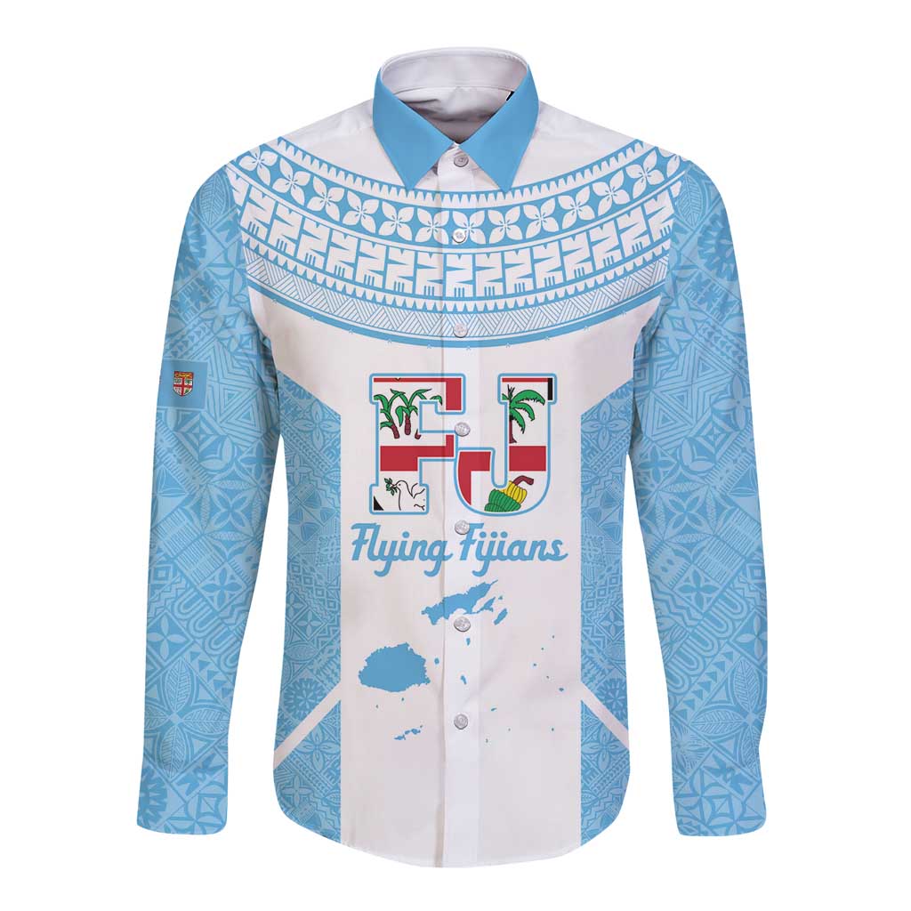 Custom Fiji Tapa Rugby Long Sleeve Button Shirt Flying Fijian Blue And White Version LT14 Unisex Blue - Polynesian Pride