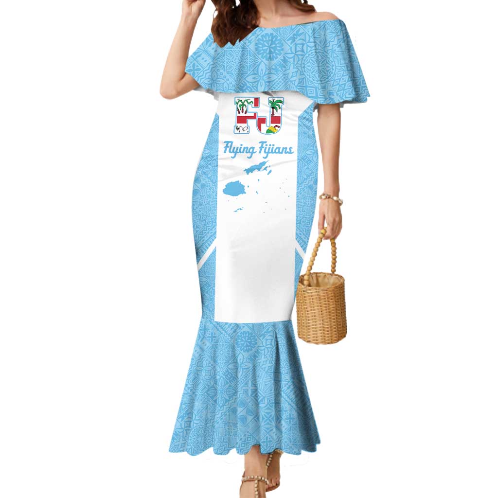 Custom Fiji Tapa Rugby Mermaid Dress Flying Fijian Blue And White Version LT14 Women Blue - Polynesian Pride