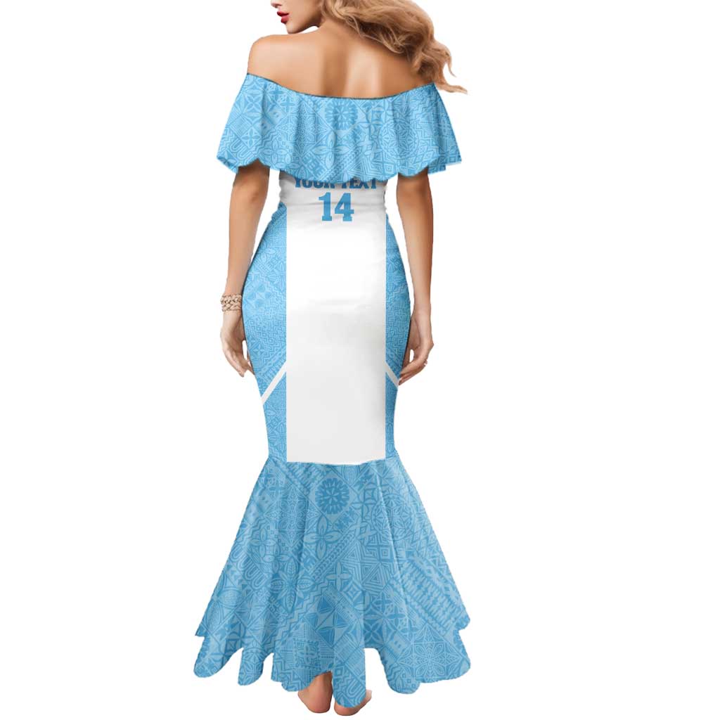 Custom Fiji Tapa Rugby Mermaid Dress Flying Fijian Blue And White Version LT14 - Polynesian Pride