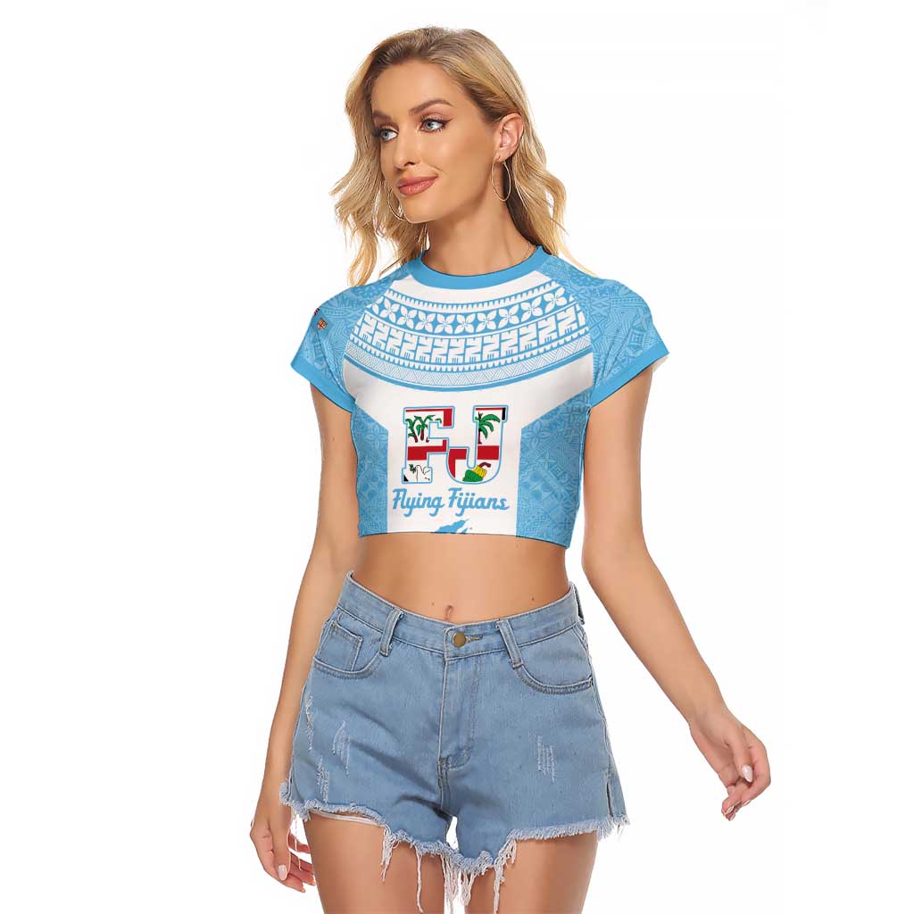 Custom Fiji Tapa Rugby Raglan Cropped T Shirt Flying Fijian Blue And White Version LT14 Female Blue - Polynesian Pride