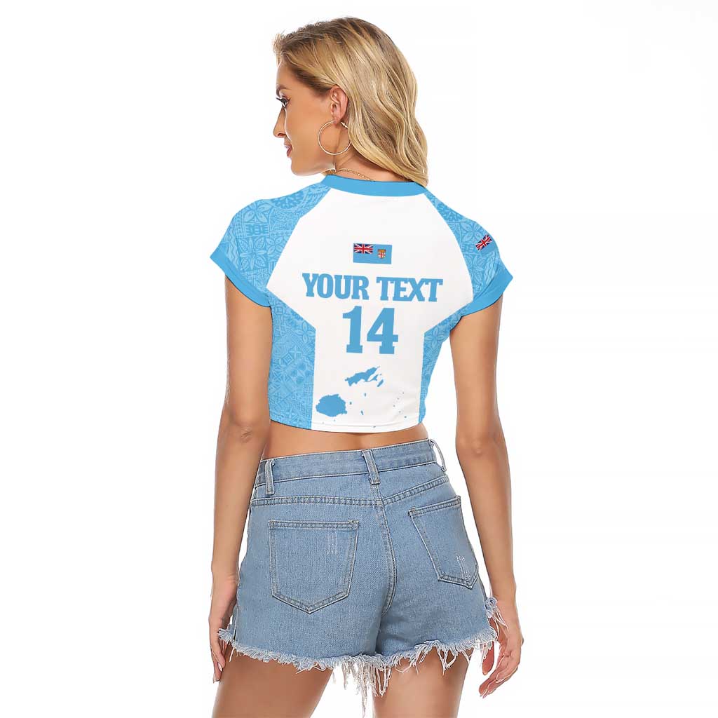 Custom Fiji Tapa Rugby Raglan Cropped T Shirt Flying Fijian Blue And White Version LT14 - Polynesian Pride