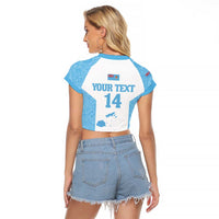 Custom Fiji Tapa Rugby Raglan Cropped T Shirt Flying Fijian Blue And White Version LT14 - Polynesian Pride