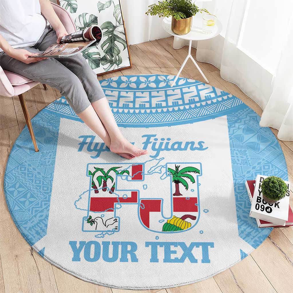 Custom Fiji Tapa Rugby Round Carpet Flying Fijian Blue And White Version LT14 - Polynesian Pride