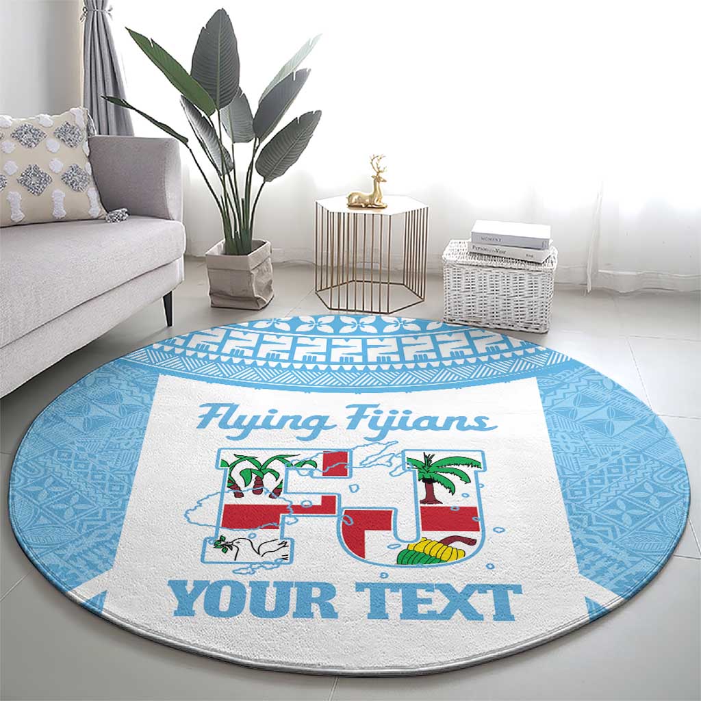 Custom Fiji Tapa Rugby Round Carpet Flying Fijian Blue And White Version LT14 - Polynesian Pride