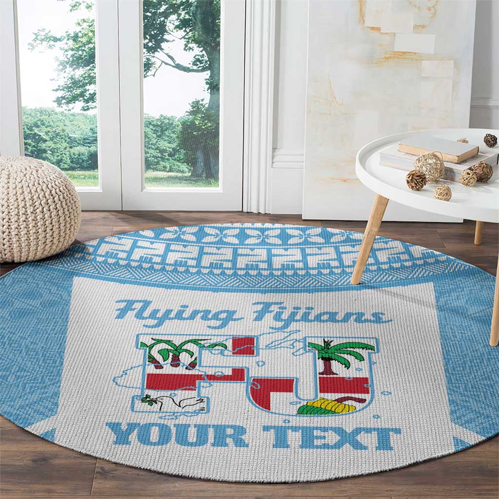 Custom Fiji Tapa Rugby Round Carpet Flying Fijian Blue And White Version LT14 - Polynesian Pride