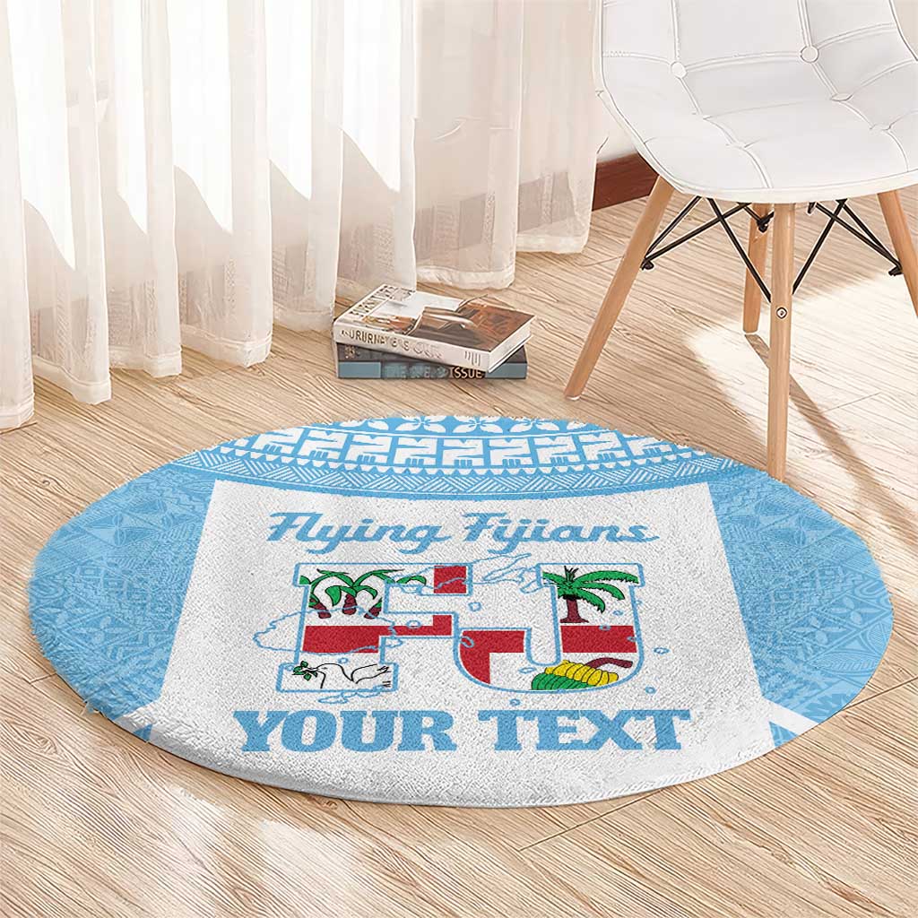 Custom Fiji Tapa Rugby Round Carpet Flying Fijian Blue And White Version LT14 - Polynesian Pride