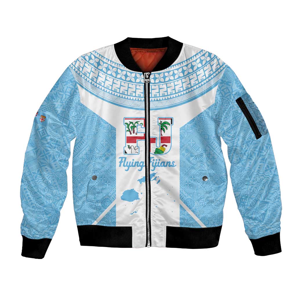 Custom Fiji Tapa Rugby Sleeve Zip Bomber Jacket Flying Fijian Blue And White Version LT14 Unisex Blue - Polynesian Pride