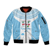 Custom Fiji Tapa Rugby Sleeve Zip Bomber Jacket Flying Fijian Blue And White Version LT14 Unisex Blue - Polynesian Pride