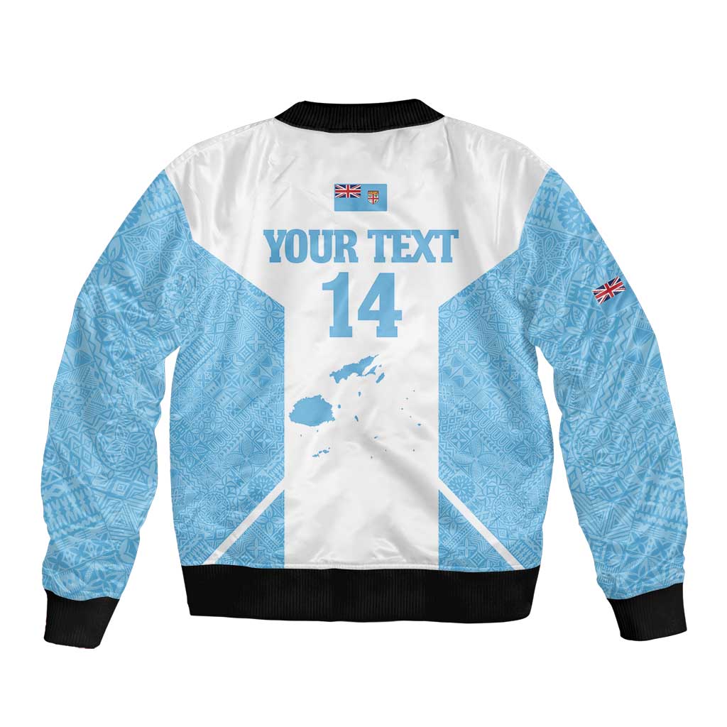 Custom Fiji Tapa Rugby Sleeve Zip Bomber Jacket Flying Fijian Blue And White Version LT14 - Polynesian Pride
