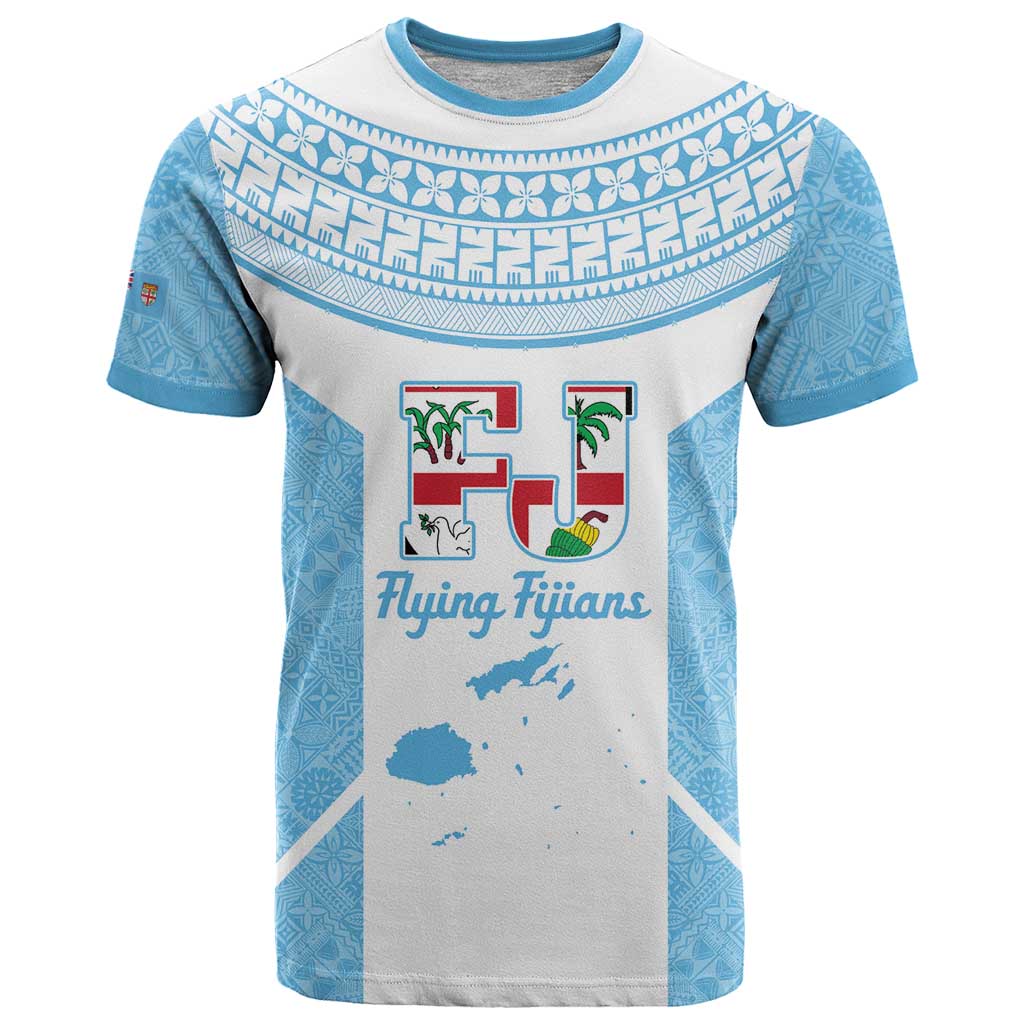 Custom Fiji Tapa Rugby T Shirt Flying Fijian Blue And White Version LT14 Blue - Polynesian Pride