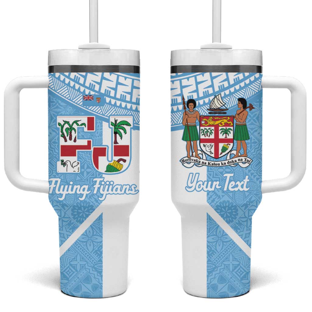 Custom Fiji Tapa Rugby Tumbler With Handle Flying Fijian Blue And White Version LT14 One Size: 40 oz Blue - Polynesian Pride