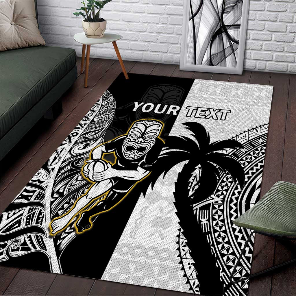 Custom Fiji And New Zealand Rugby Area Rug Aotearoa Silver Fern Mix Fijian Tapa Pattern LT14 Black - Polynesian Pride